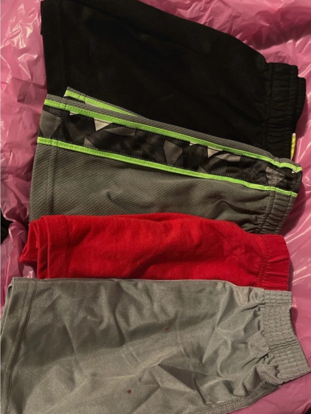4 pair Kids Athletic Bottoms - Black, Gray, Red - (Brand Not Shown)